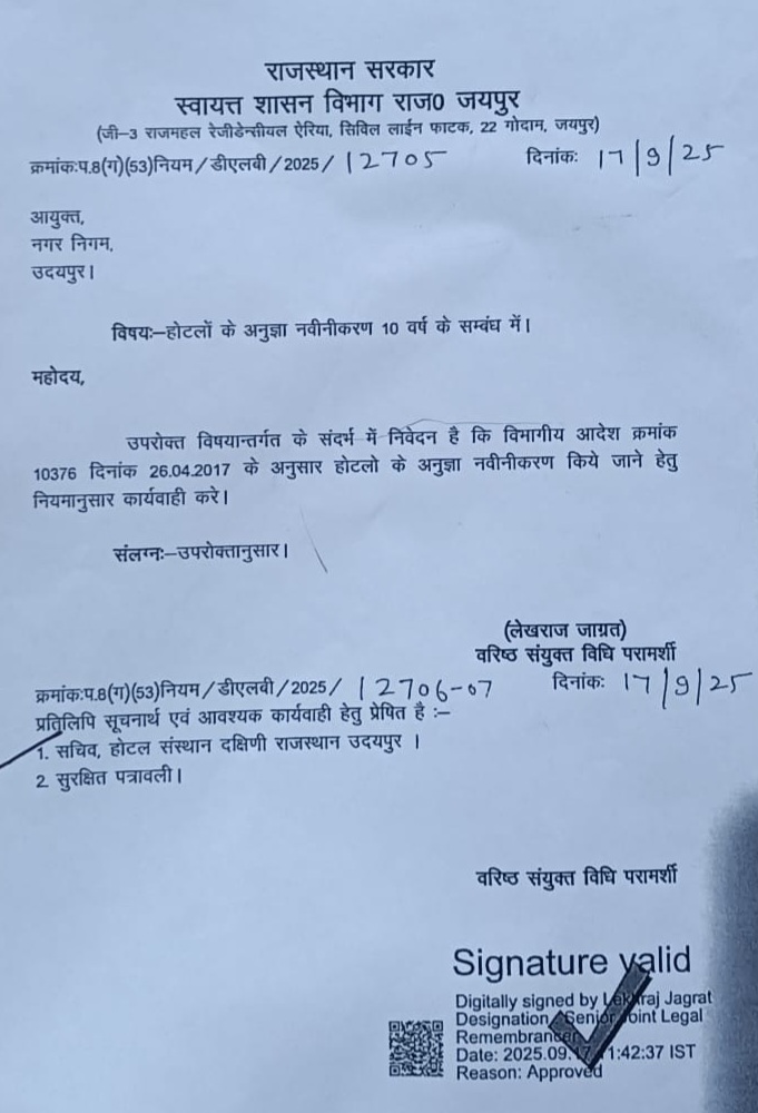 उदयपुर के होटल व्यवसायियों को बड़ी राहत, अब 10 वर्ष के लिए होगा लाइसेंस नवीनीकरण