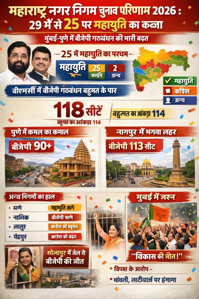 महाराष्ट्र नगर निगम चुनाव 2026 : शहरी राजनीति में ‘महायुति’ का दबदबा, विपक्ष के लिए चेतावनी की घंटी